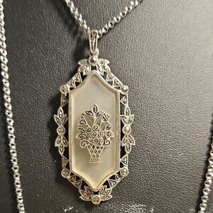 Sterling Art Deco 1920s CAMPHOR Glass Germany Pendant Necklace Marcasites 32"